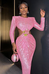 Glitzerndes Maxikleid mit Strass-Blumen-Puffärmeln und Pailletten - Rosa